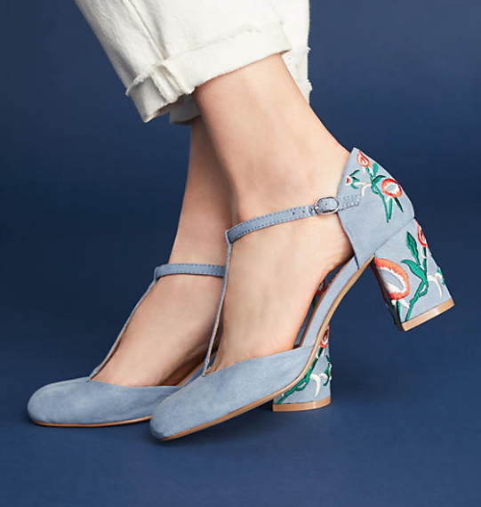 Frenchie T-Strap Embroidered Heels